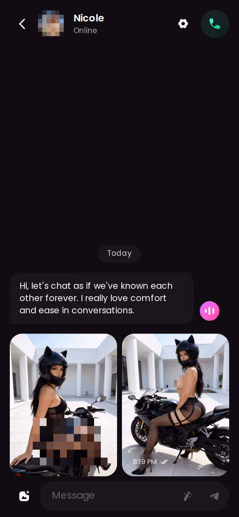 GoLove.ai chat thread on mobile with an AI companion
