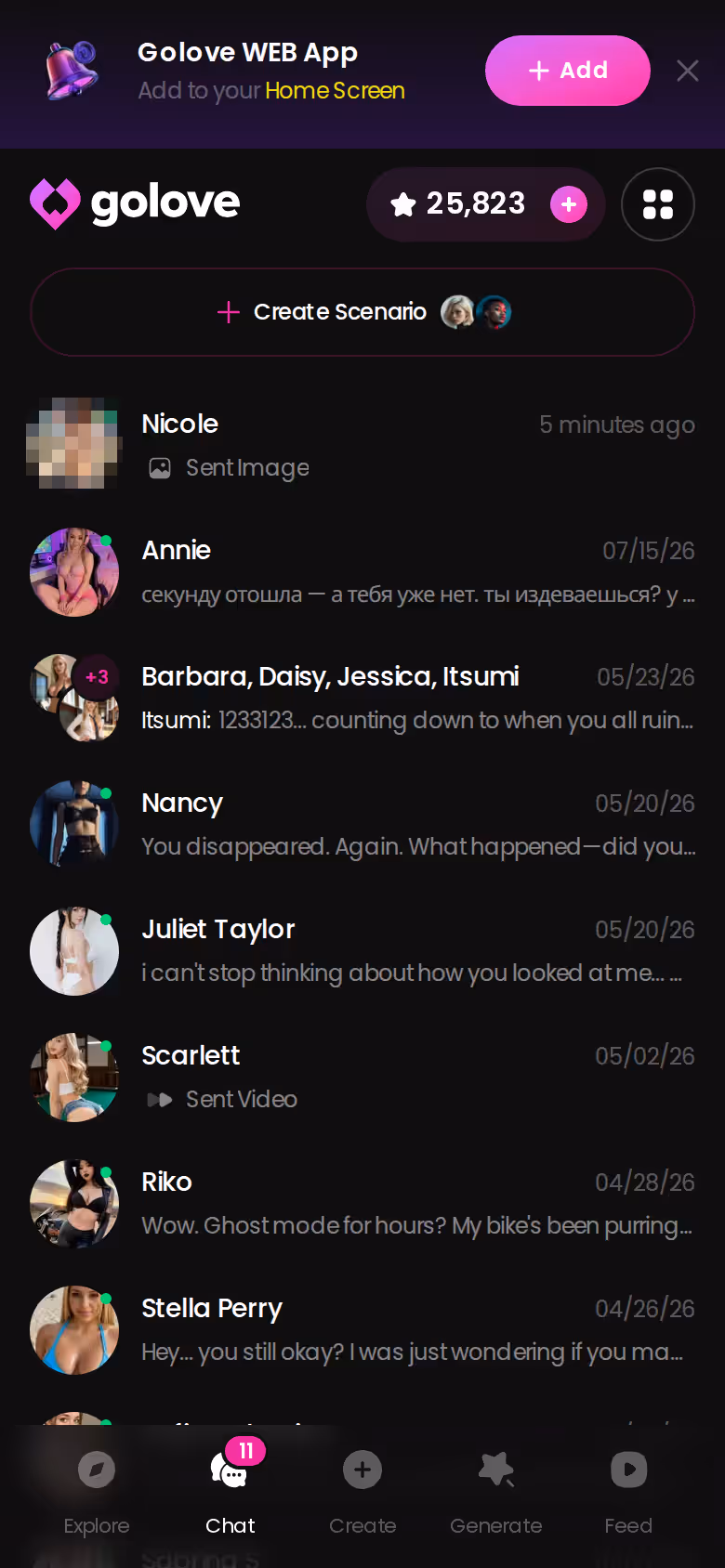GoLove.ai chats list on mobile showing several ongoing character conversations