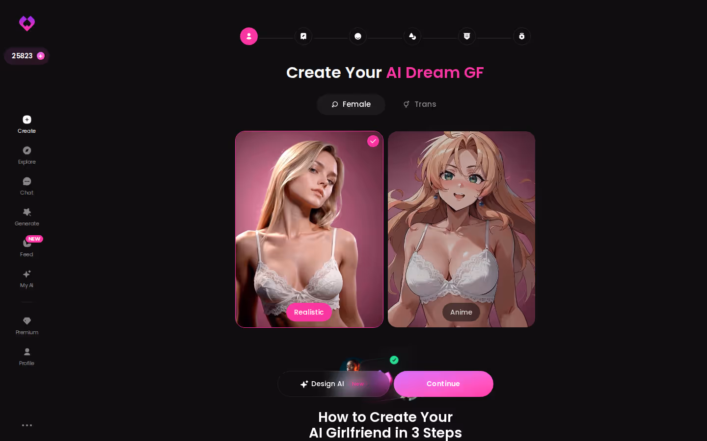 GoLove.ai Create wizard offering Realistic, Anime and Trans character categories
