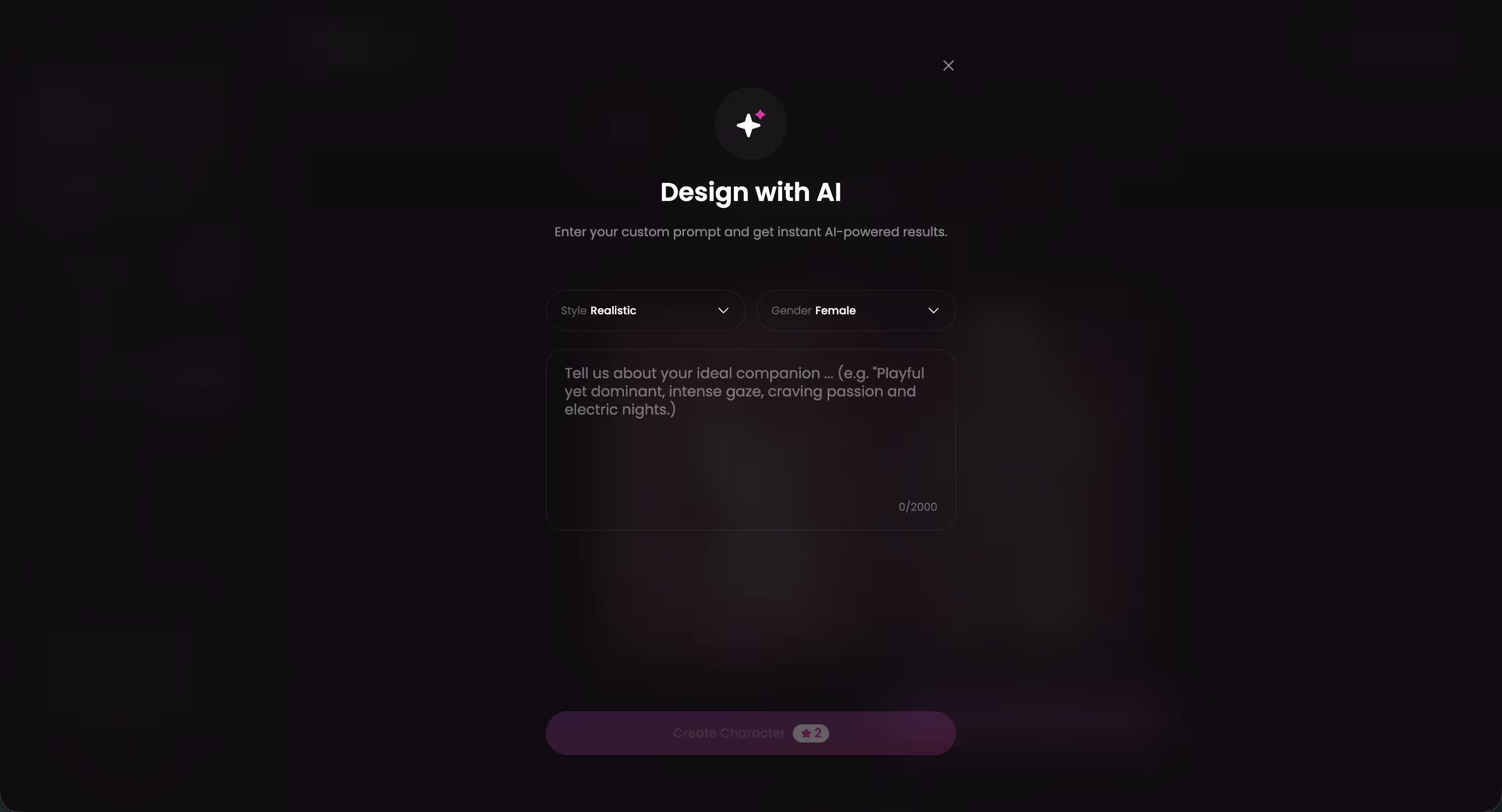GoLove's Design with AI screen — describe a character in text and the platform builds her