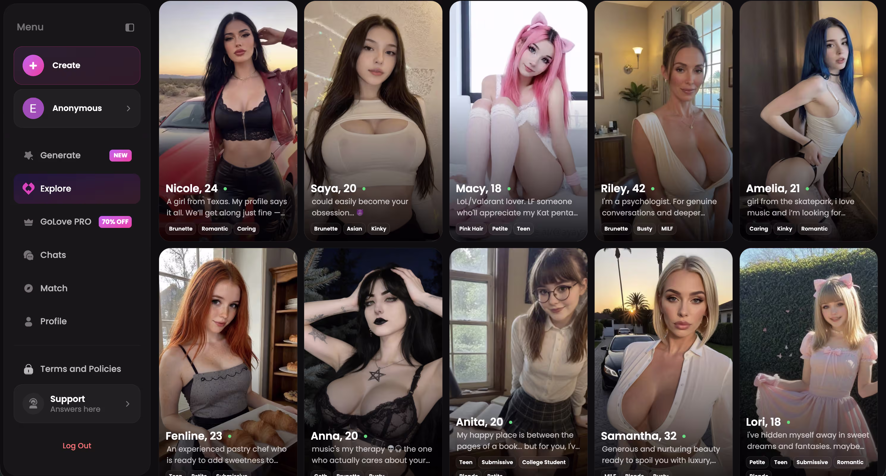 the character browse/explore grid