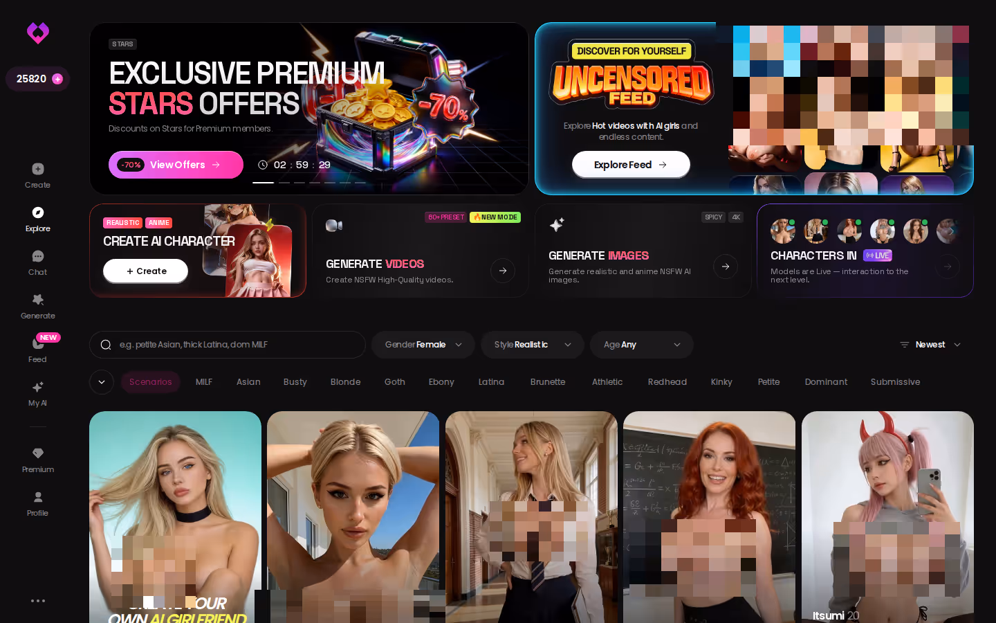 GoLove.ai Explore page showing realistic AI characters ready to chat
