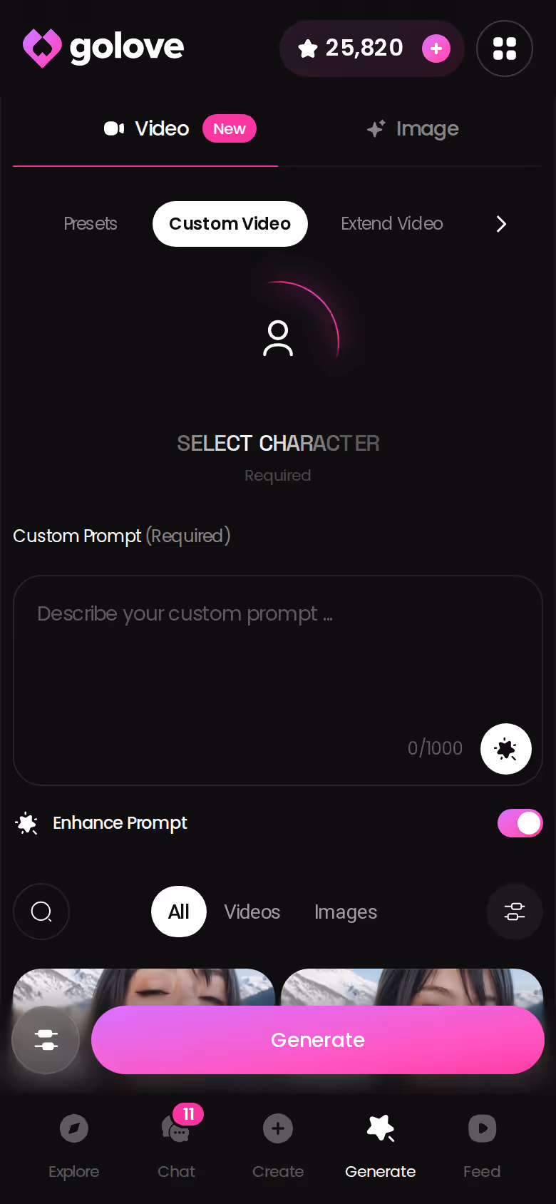 GoLove's Video generator on mobile with preset cards for action, clothes and background