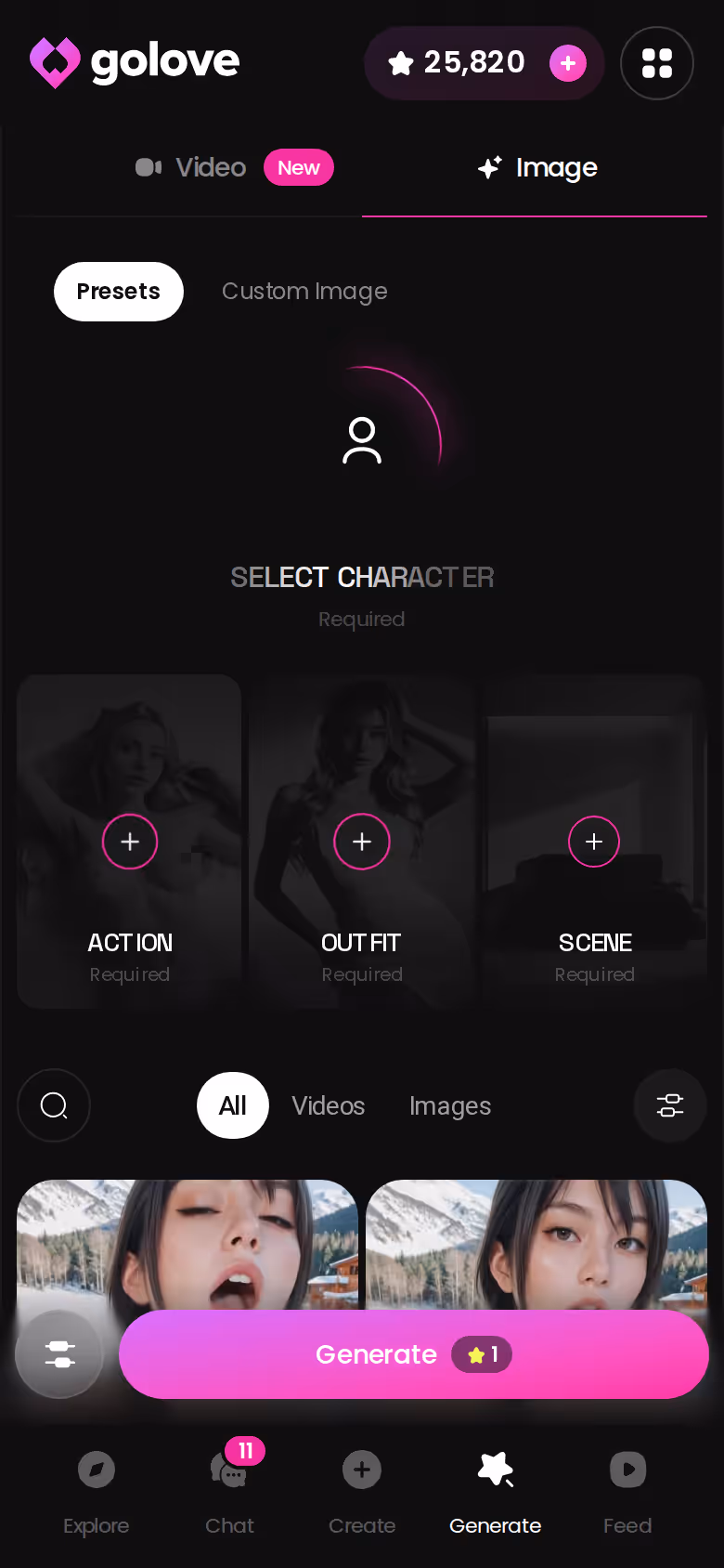 GoLove.ai image generation mode on mobile with pose and outfit presets