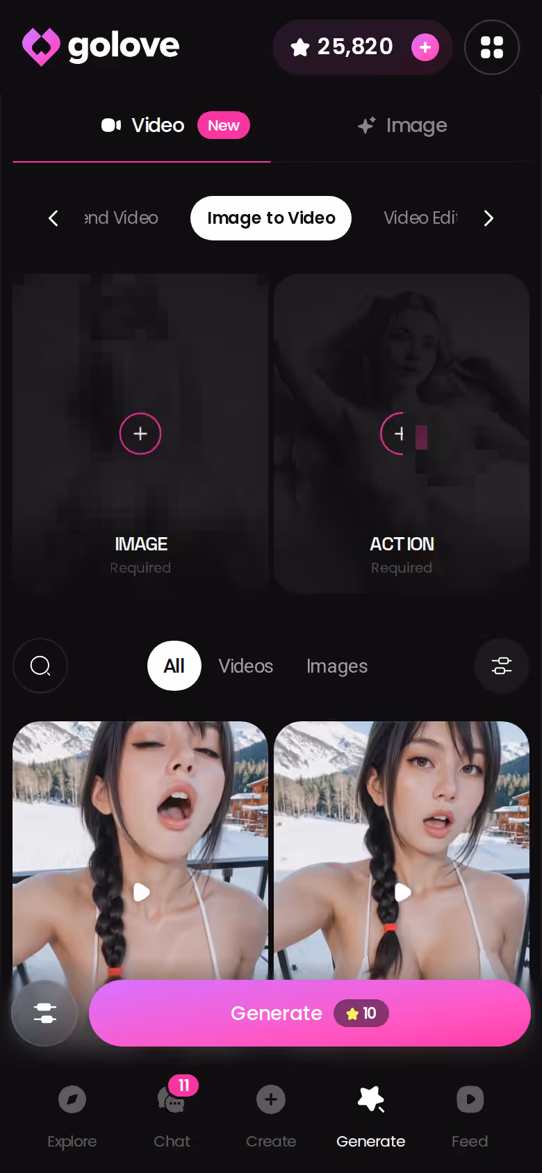 GoLove.ai image-to-video generator on mobile turning a character photo into an NSFW clip