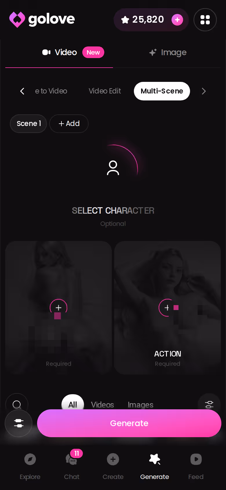 GoLove.ai video generator on mobile stacking multiple preset scene cards
